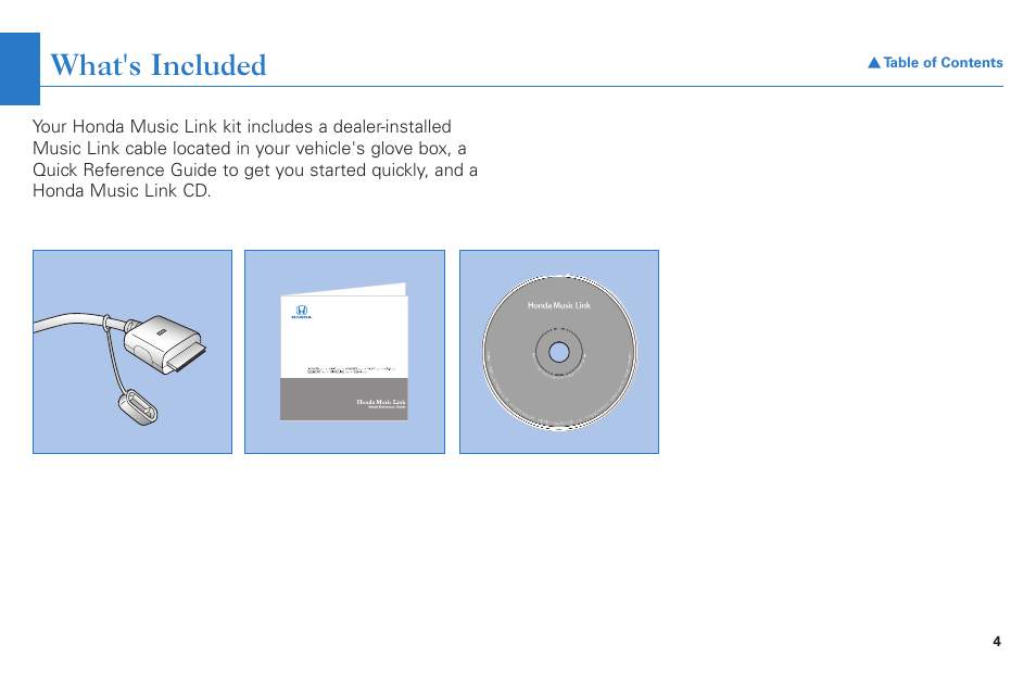 What's included | HONDA Music Link AAM 31318-31569 User Manual | Page 4 / 21