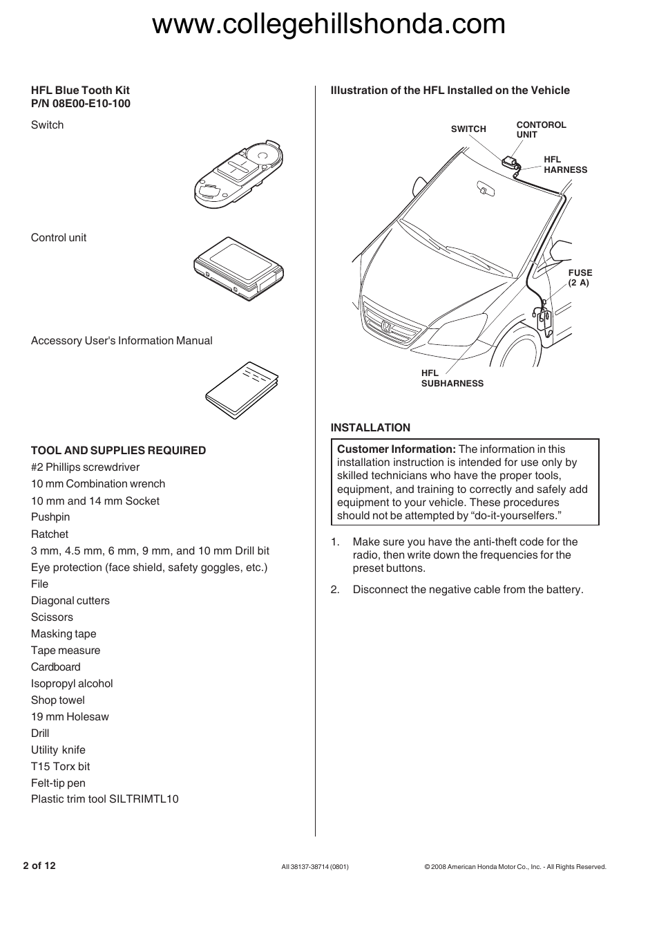 HONDA 08E02-SHJ-100B User Manual | Page 2 / 12