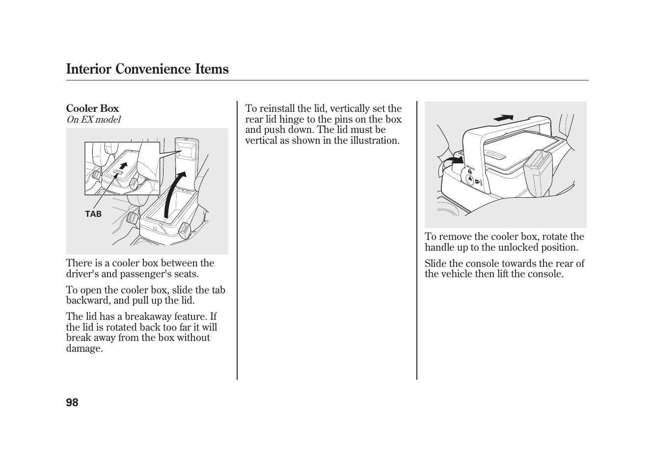 Interior convenience items | HONDA 2010 Element User Manual | Page 104 / 346