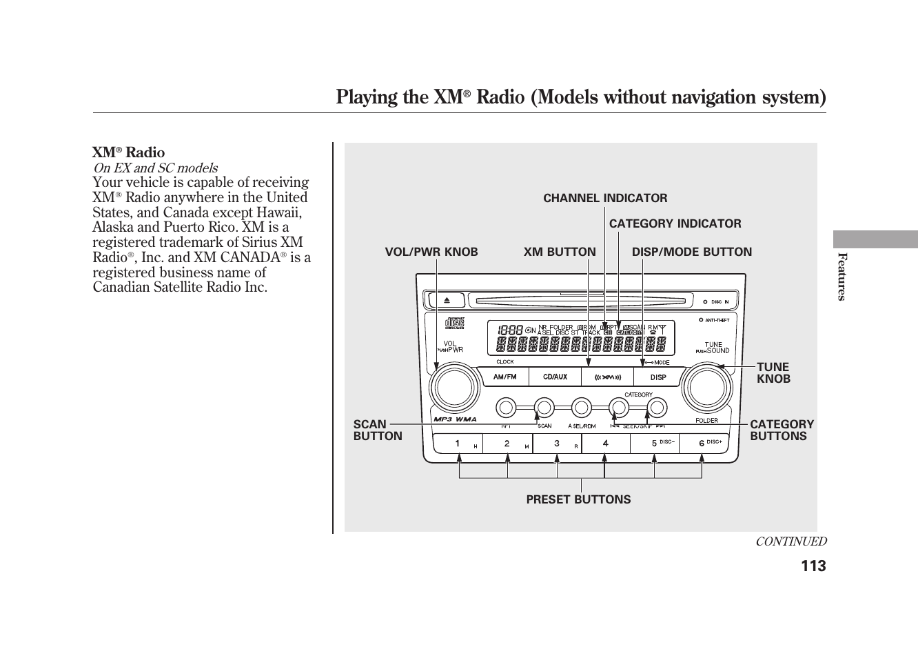 Playing the xm, Radio (models without navigation system) | HONDA 2010 Element User Manual | Page 119 / 346