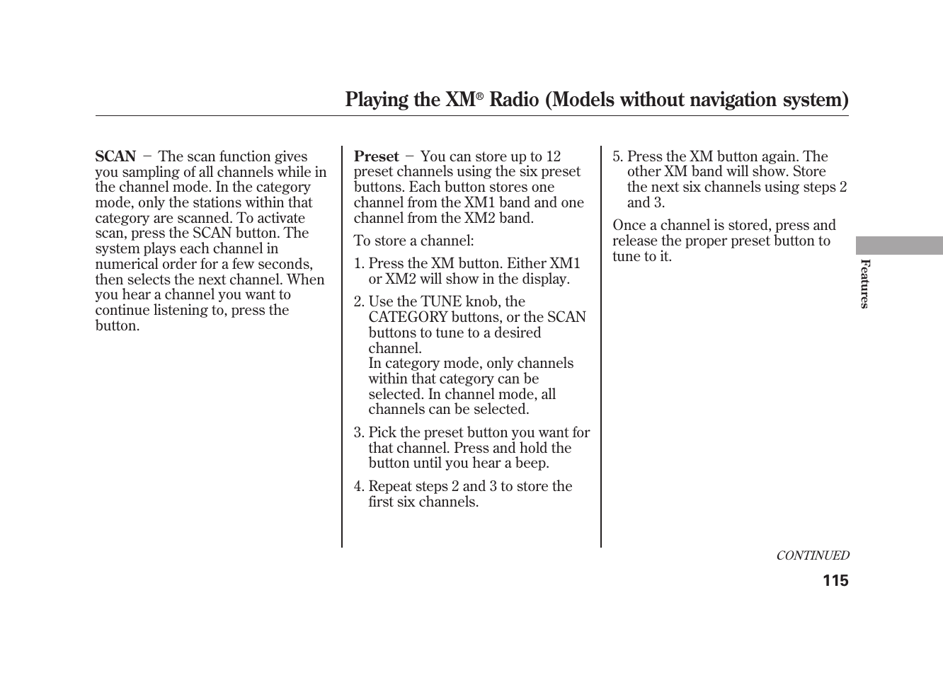 Playing the xm, Radio (models without navigation system) | HONDA 2010 Element User Manual | Page 121 / 346