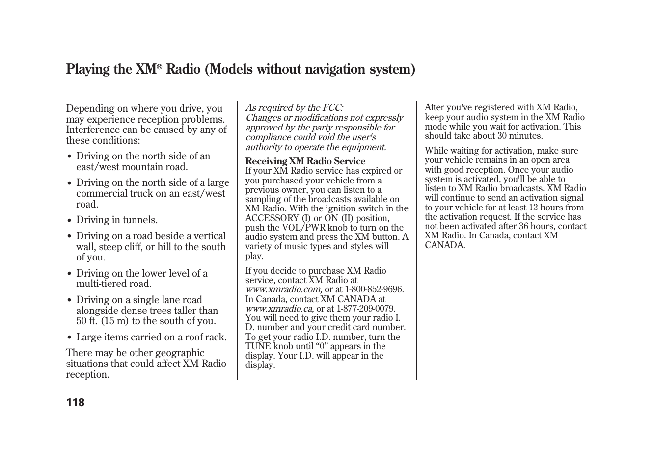 Playing the xm, Radio (models without navigation system) | HONDA 2010 Element User Manual | Page 124 / 346