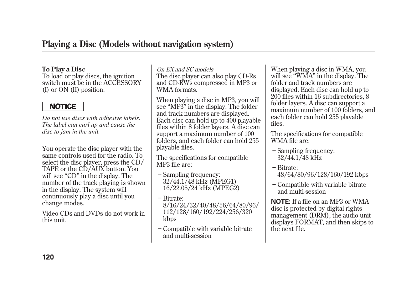 Playing a disc (models without navigation system) | HONDA 2010 Element User Manual | Page 126 / 346