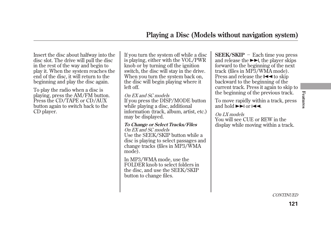 Playing a disc (models without navigation system) | HONDA 2010 Element User Manual | Page 127 / 346