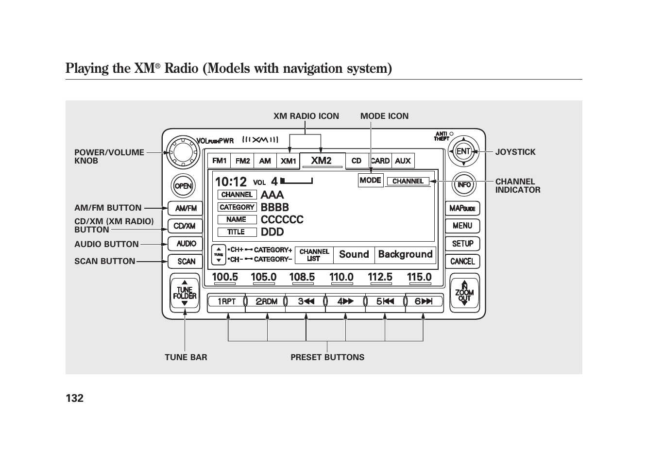 Playing the xm, Radio (models with navigation system) | HONDA 2010 Element User Manual | Page 138 / 346