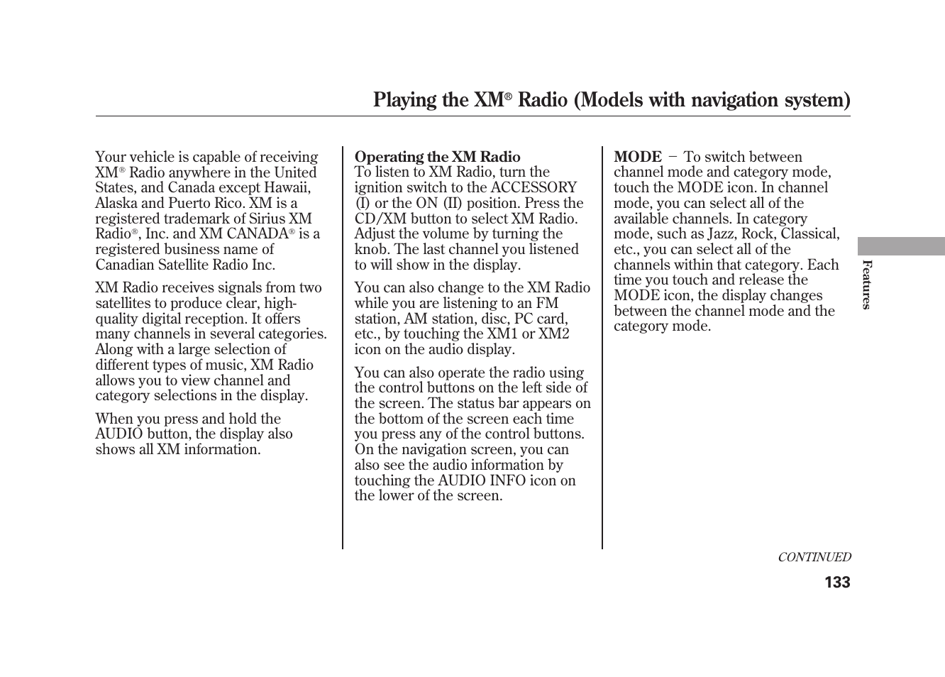 Playing the xm, Radio (models with navigation system) | HONDA 2010 Element User Manual | Page 139 / 346