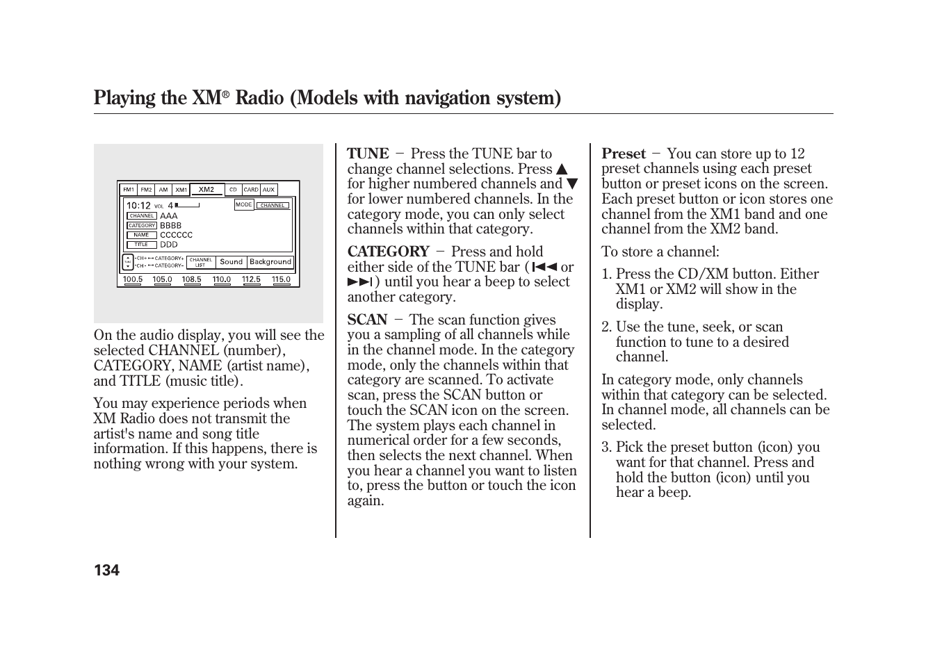 Playing the xm, Radio (models with navigation system) | HONDA 2010 Element User Manual | Page 140 / 346