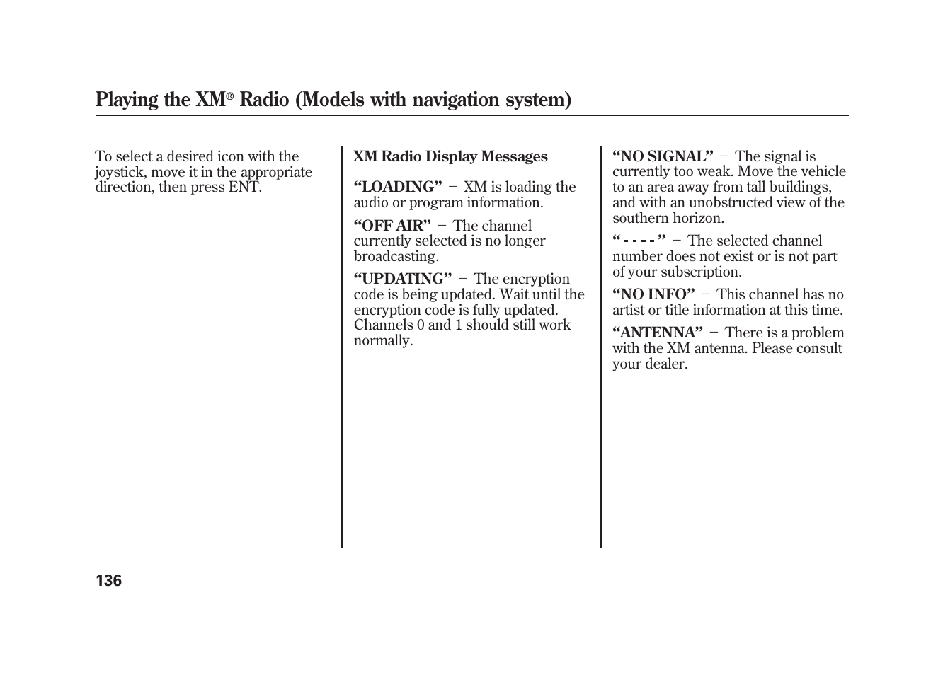 Playing the xm, Radio (models with navigation system) | HONDA 2010 Element User Manual | Page 142 / 346