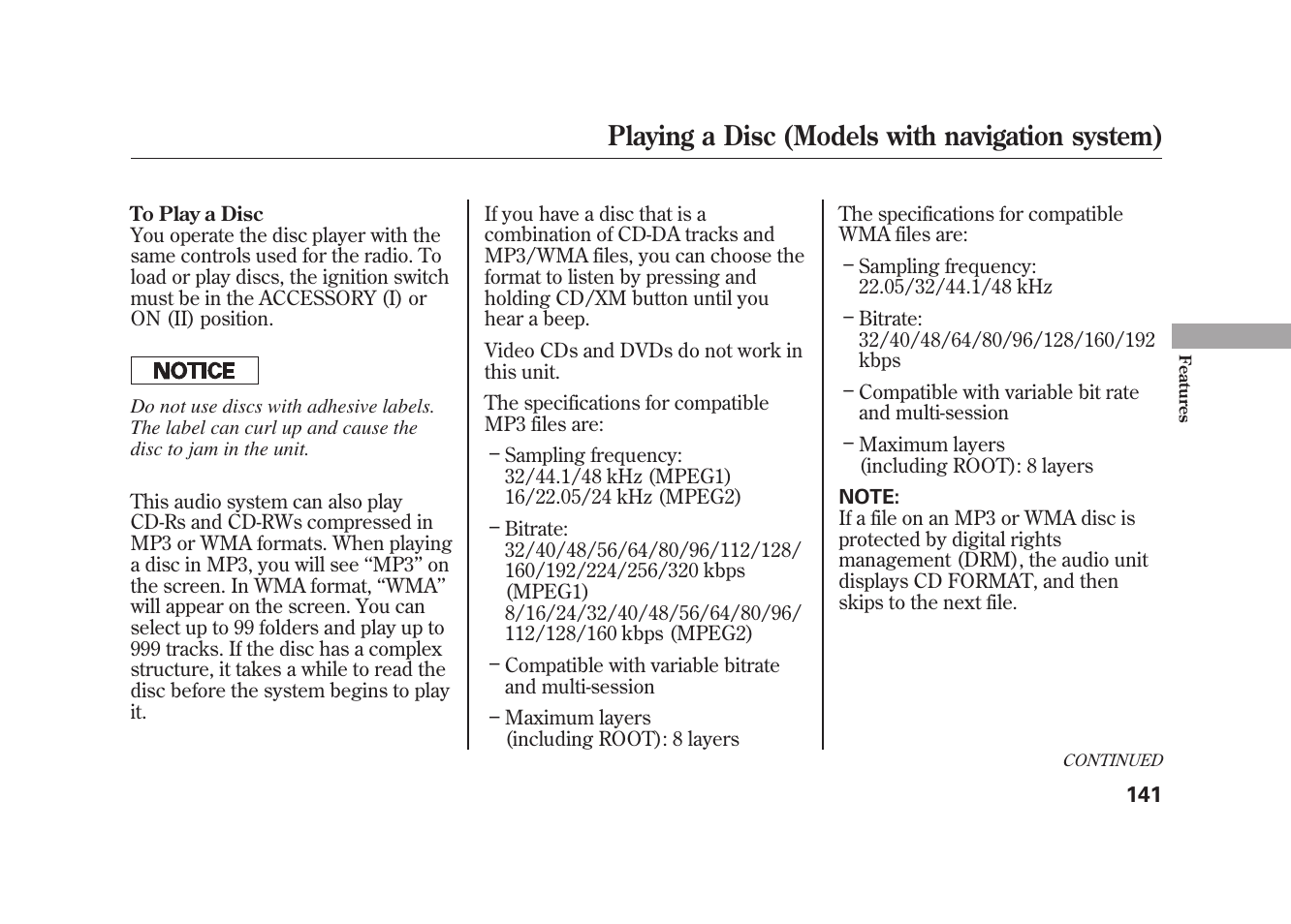 Playing a disc (models with navigation system) | HONDA 2010 Element User Manual | Page 147 / 346