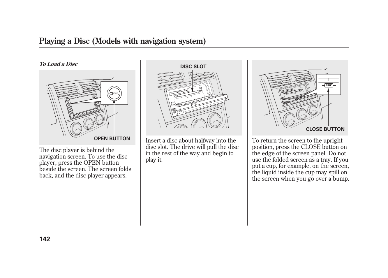 Playing a disc (models with navigation system) | HONDA 2010 Element User Manual | Page 148 / 346