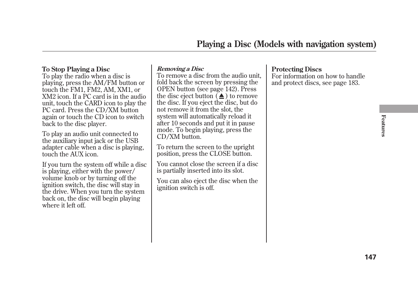 Playing a disc (models with navigation system) | HONDA 2010 Element User Manual | Page 153 / 346