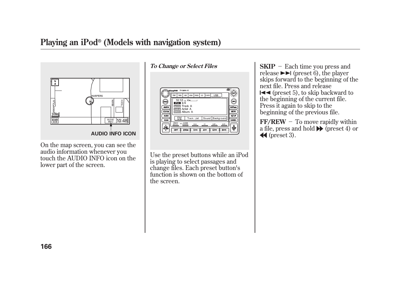 Playing an ipod, Models with navigation system) | HONDA 2010 Element User Manual | Page 172 / 346