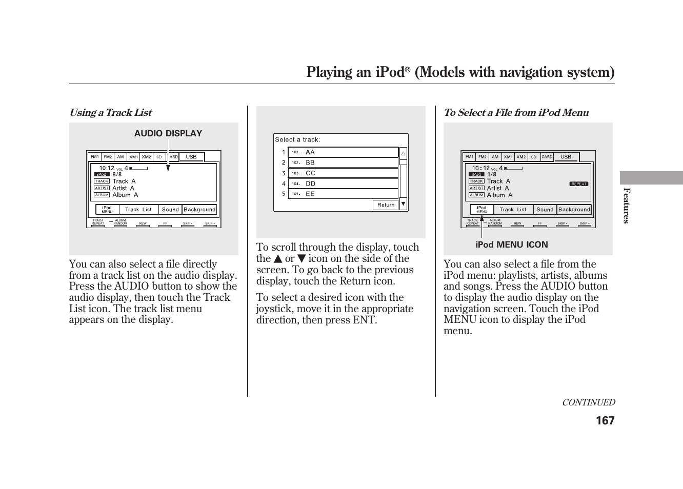 Playing an ipod, Models with navigation system) | HONDA 2010 Element User Manual | Page 173 / 346