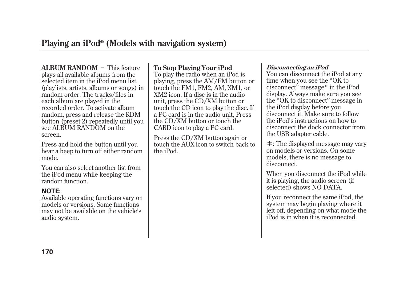 Playing an ipod, Models with navigation system) | HONDA 2010 Element User Manual | Page 176 / 346