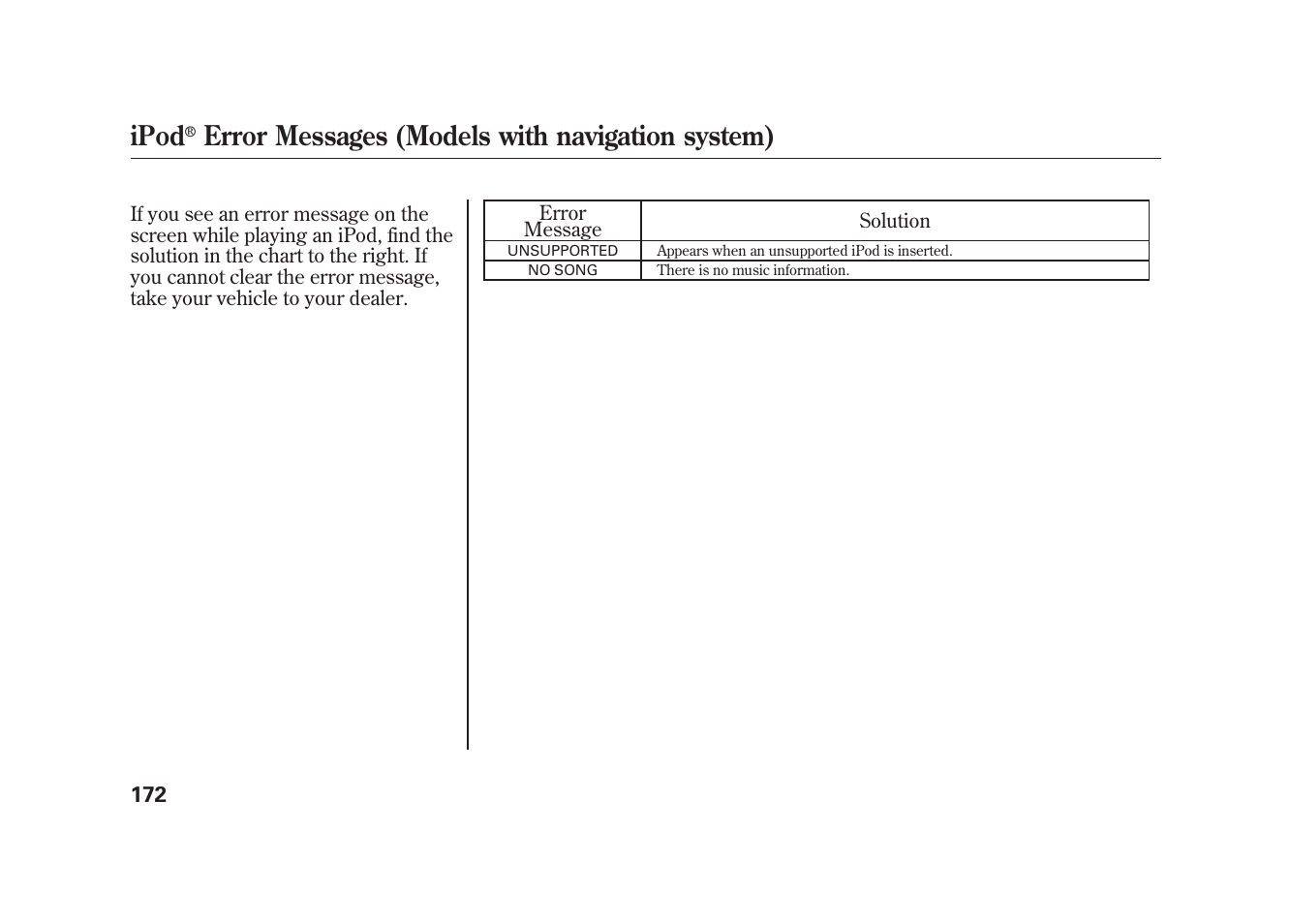 Ipod, Error messages (models with navigation system) | HONDA 2010 Element User Manual | Page 178 / 346