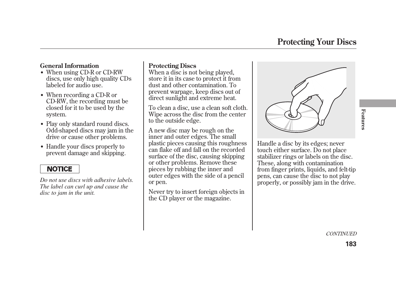 Protecting your discs | HONDA 2010 Element User Manual | Page 189 / 346