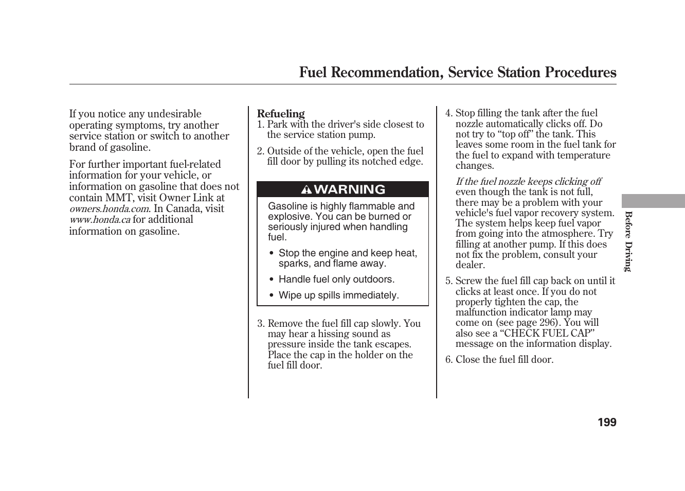 Fuel recommendation, service station procedures | HONDA 2010 Element User Manual | Page 205 / 346