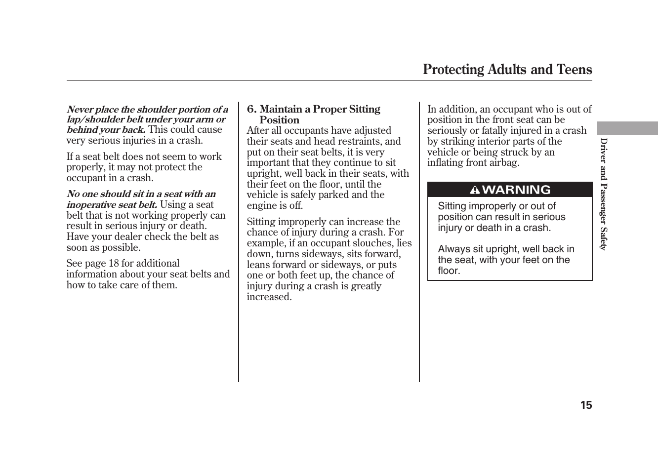 Protecting adults and teens | HONDA 2010 Element User Manual | Page 21 / 346