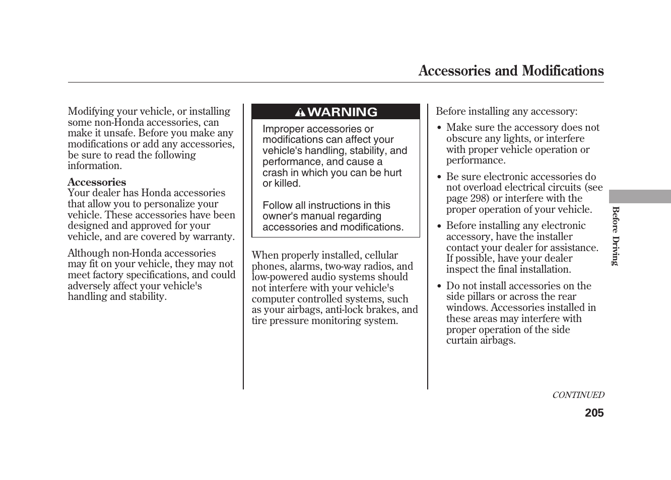 Accessories and modifications | HONDA 2010 Element User Manual | Page 211 / 346