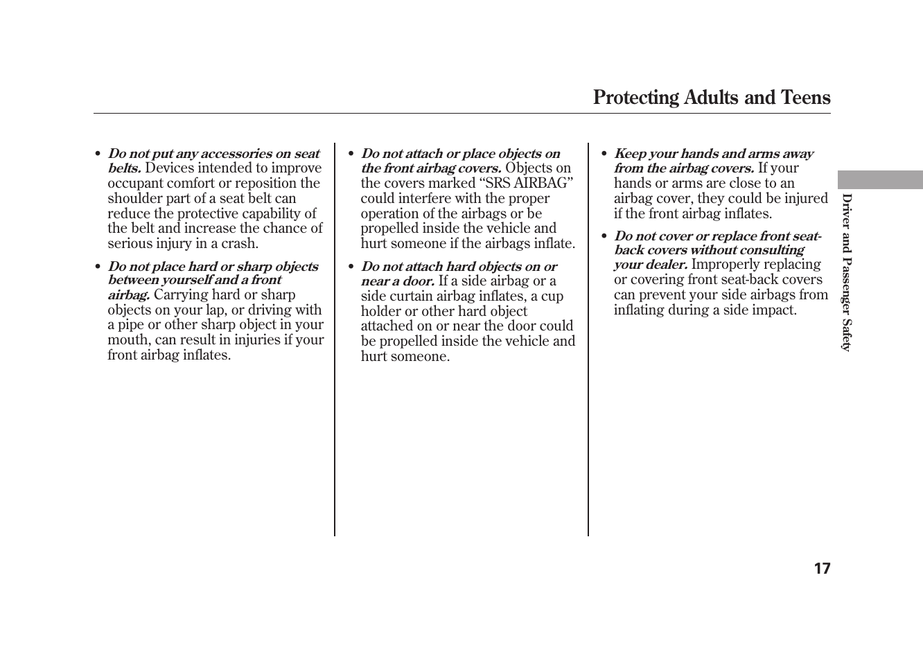 Protecting adults and teens | HONDA 2010 Element User Manual | Page 23 / 346