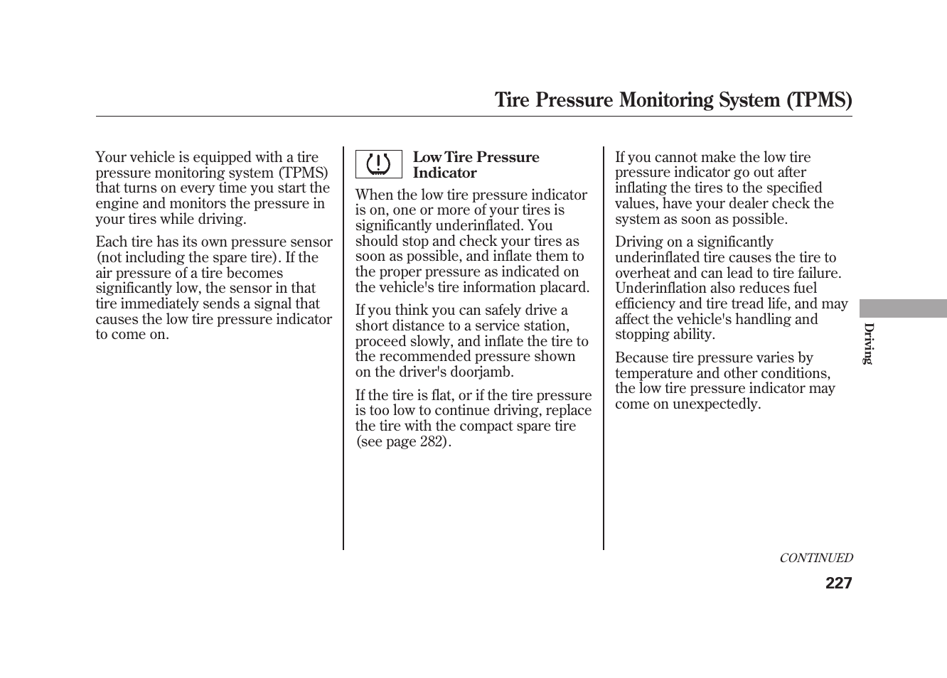 Tire pressure monitoring system (tpms) | HONDA 2010 Element User Manual | Page 233 / 346