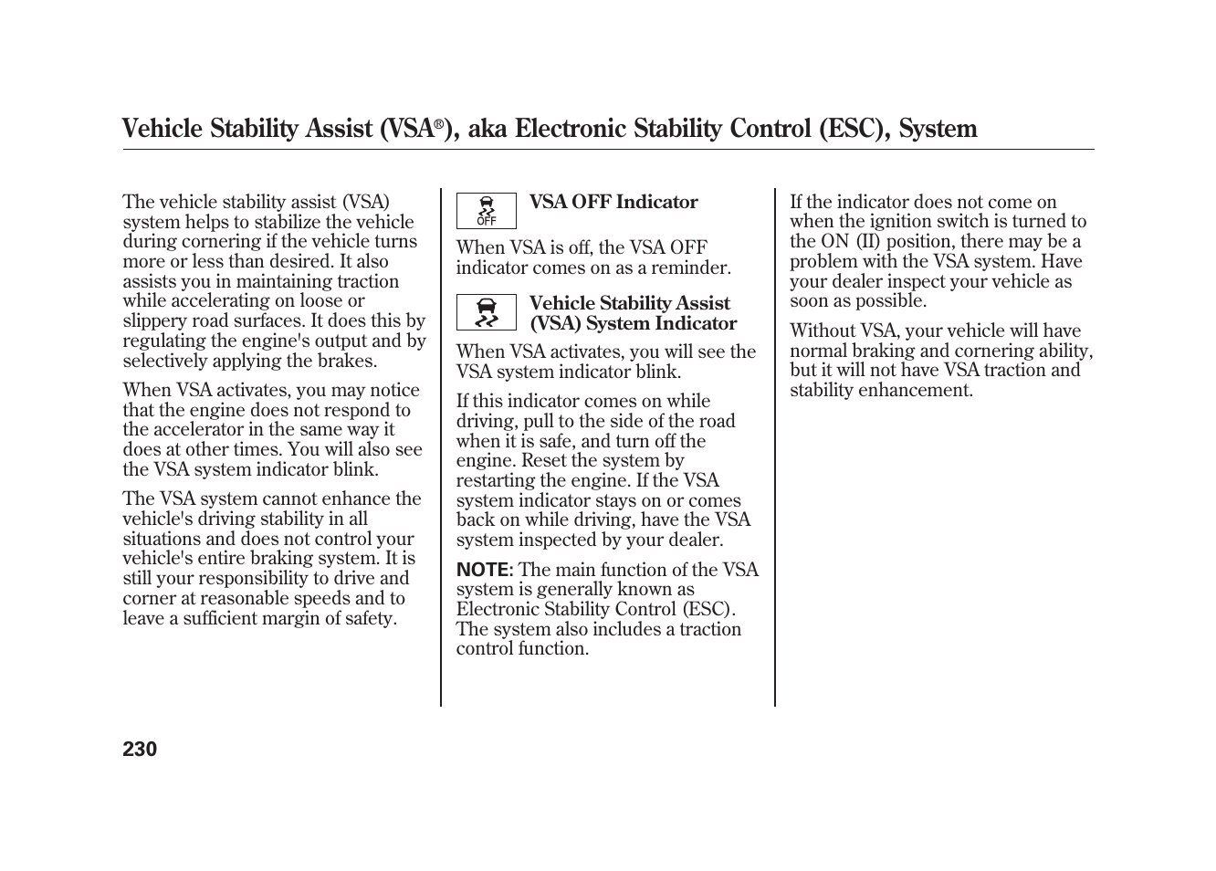 Vehicle stability assist (vsa, Aka electronic stability control (esc), system | HONDA 2010 Element User Manual | Page 236 / 346