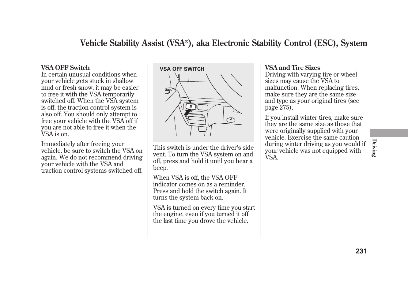 Vehicle stability assist (vsa, Aka electronic stability control (esc), system | HONDA 2010 Element User Manual | Page 237 / 346