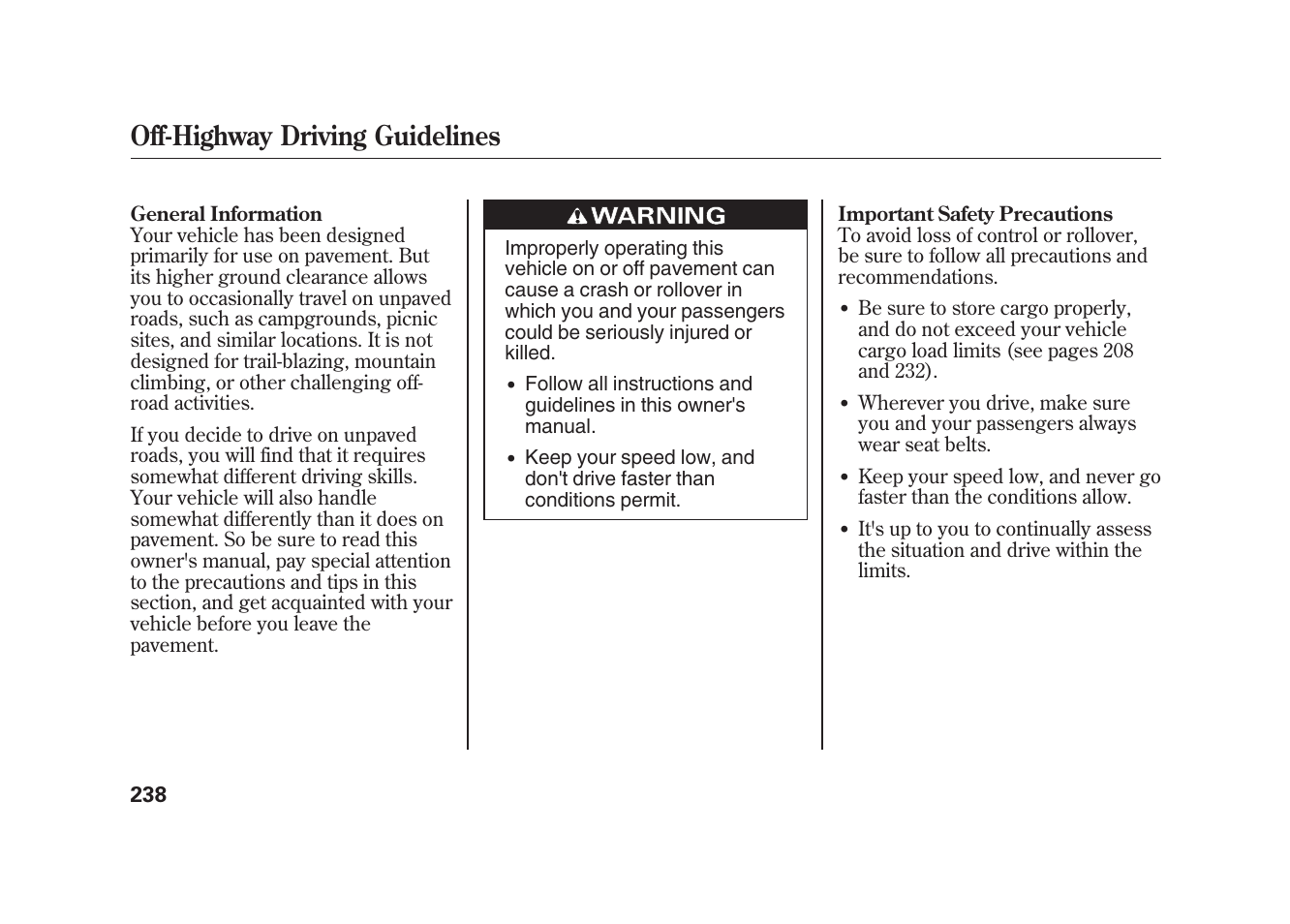 Off-highway driving guidelines | HONDA 2010 Element User Manual | Page 244 / 346