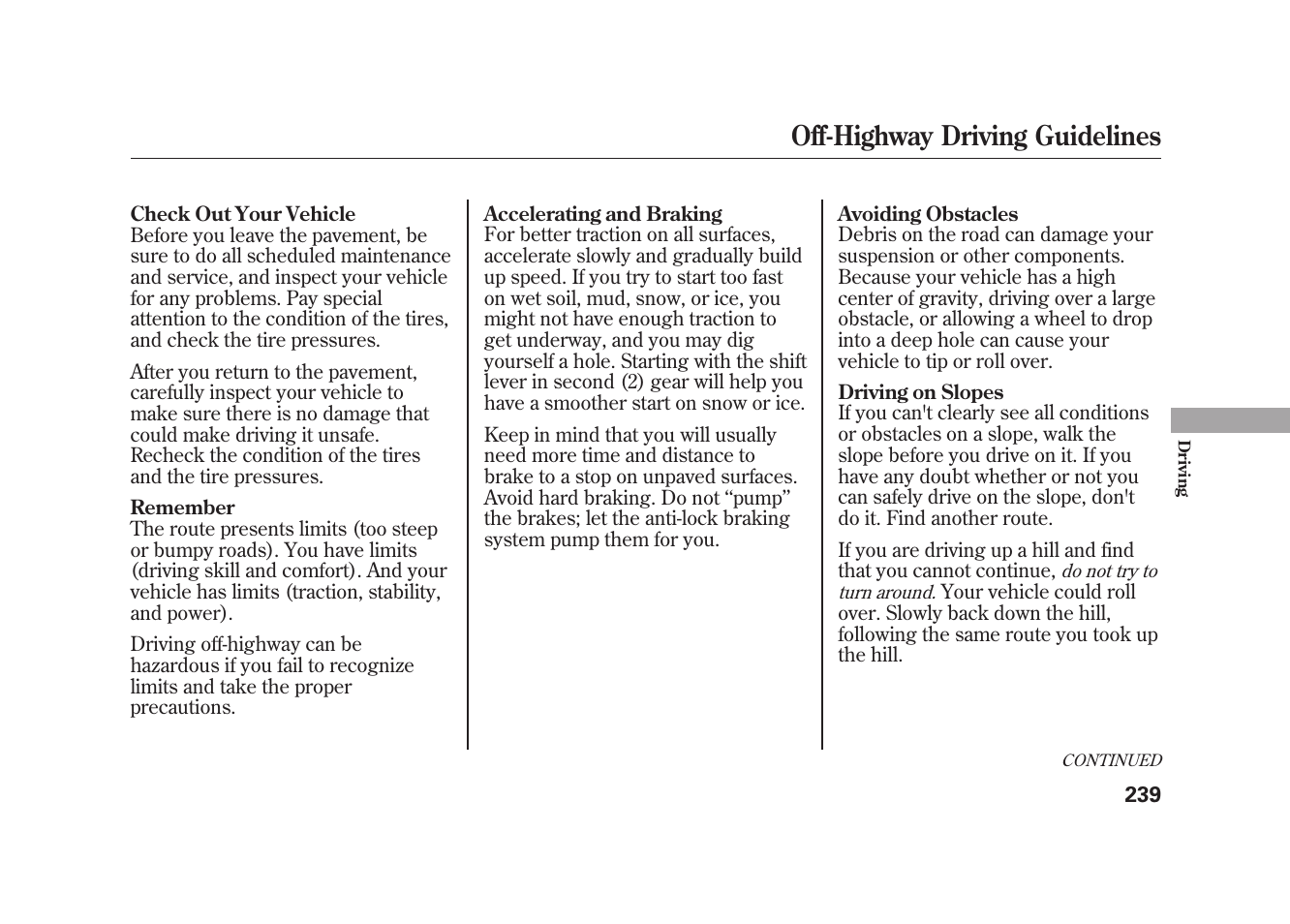 Off-highway driving guidelines | HONDA 2010 Element User Manual | Page 245 / 346