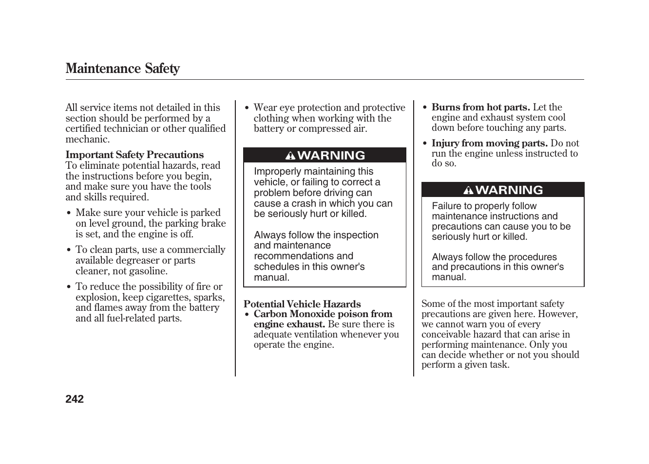 Maintenance safety | HONDA 2010 Element User Manual | Page 248 / 346