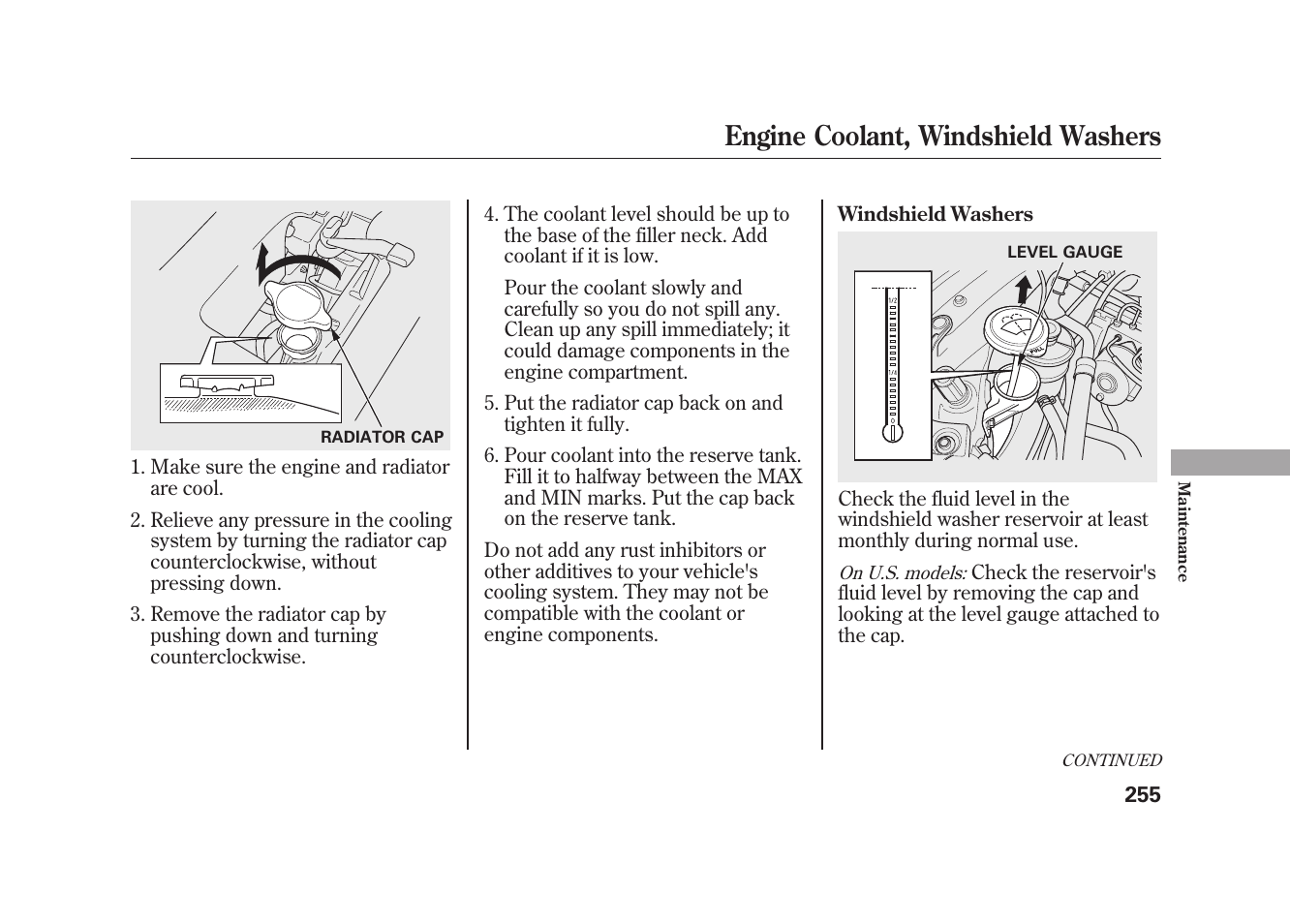 Engine coolant, windshield washers | HONDA 2010 Element User Manual | Page 261 / 346