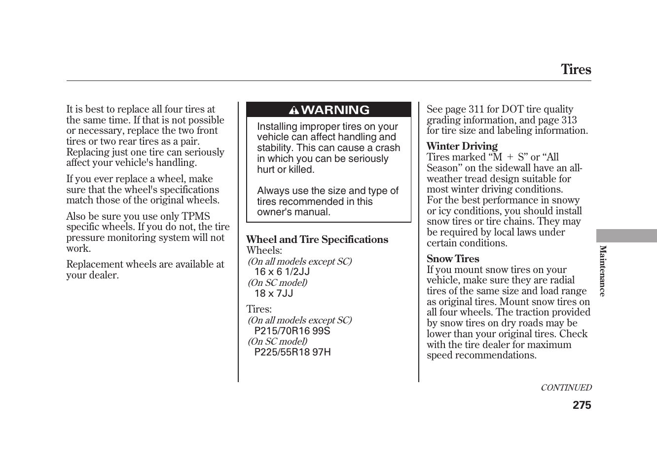 Tires | HONDA 2010 Element User Manual | Page 281 / 346