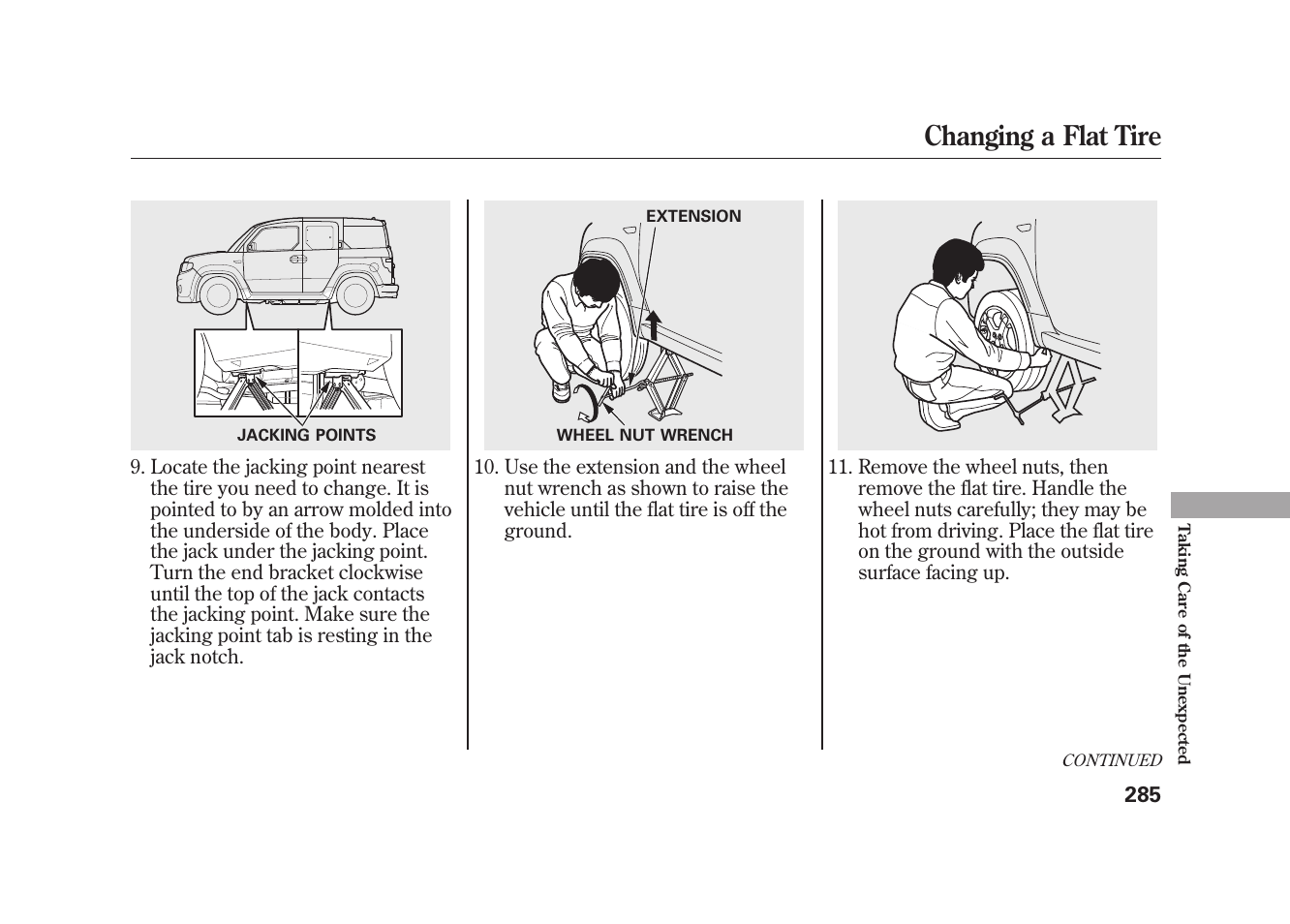 Changing a flat tire | HONDA 2010 Element User Manual | Page 291 / 346