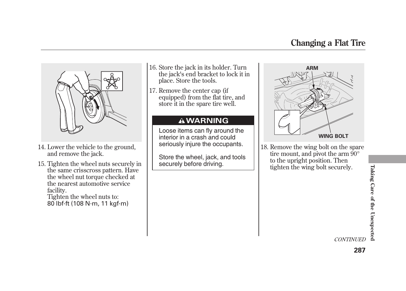 Changing a flat tire | HONDA 2010 Element User Manual | Page 293 / 346