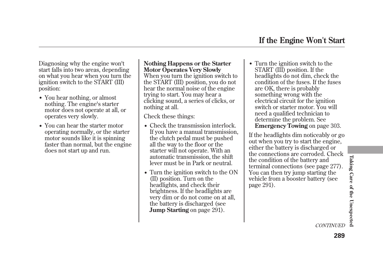 If the engine won't start | HONDA 2010 Element User Manual | Page 295 / 346