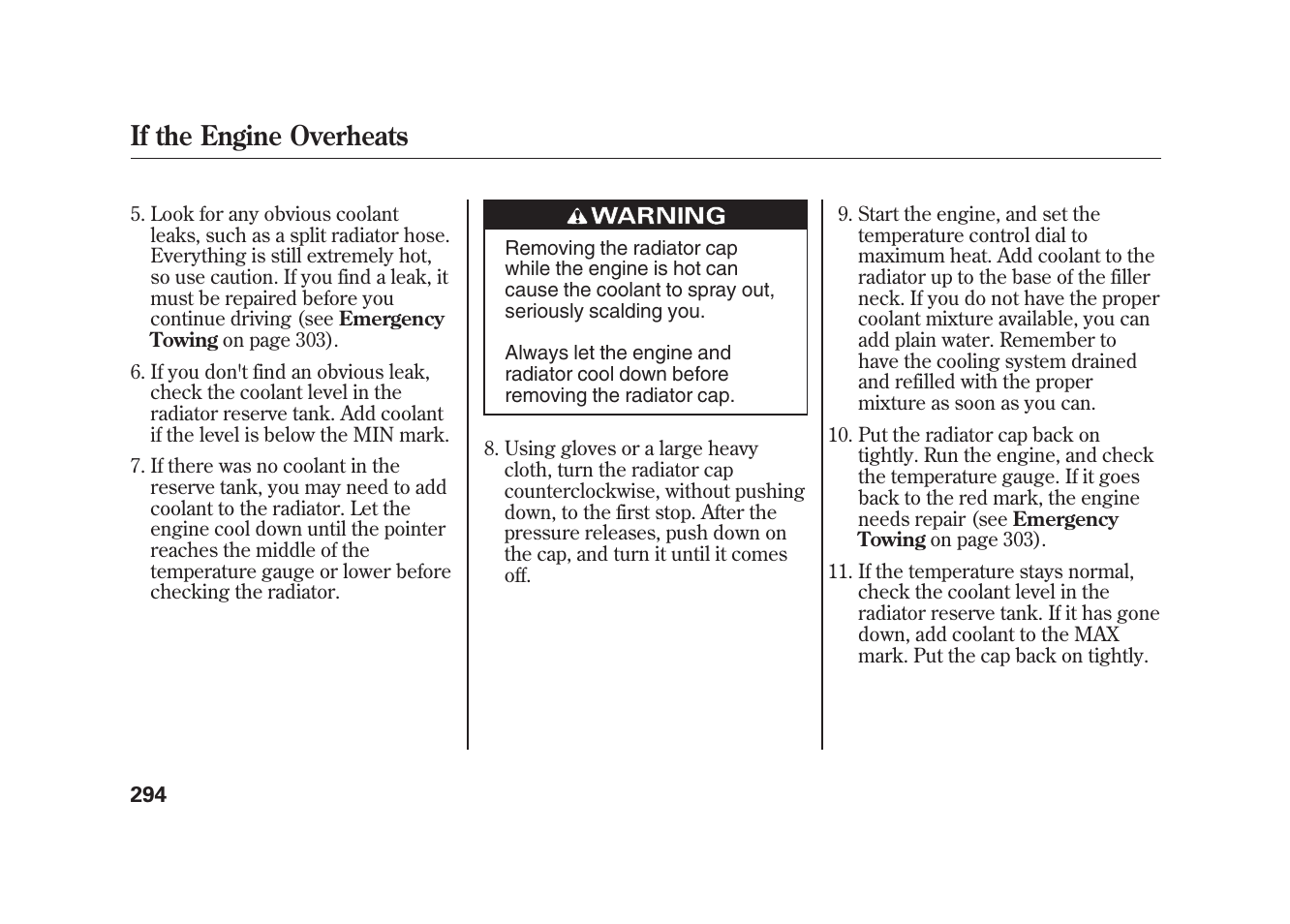 If the engine overheats | HONDA 2010 Element User Manual | Page 300 / 346