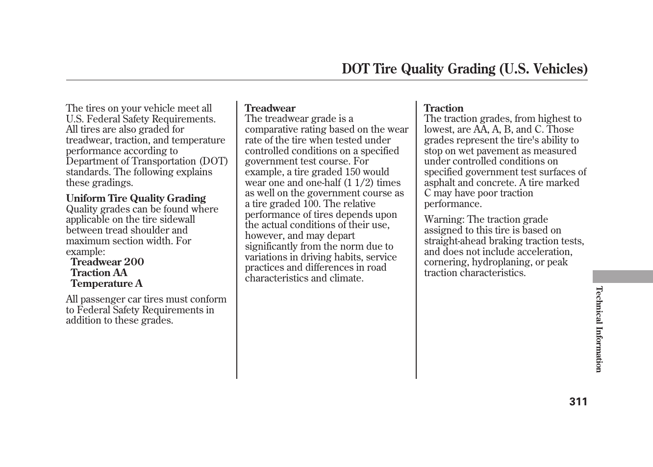 Dot tire quality grading (u.s. vehicles) | HONDA 2010 Element User Manual | Page 317 / 346