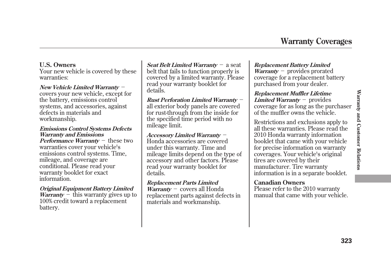 Warranty coverages | HONDA 2010 Element User Manual | Page 329 / 346