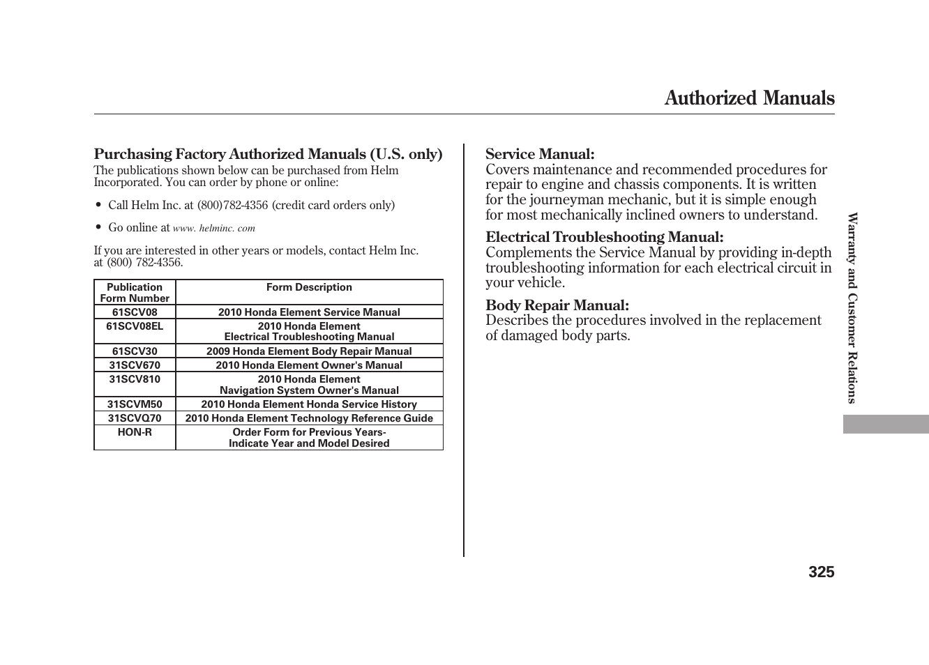 Authorized manuals | HONDA 2010 Element User Manual | Page 331 / 346