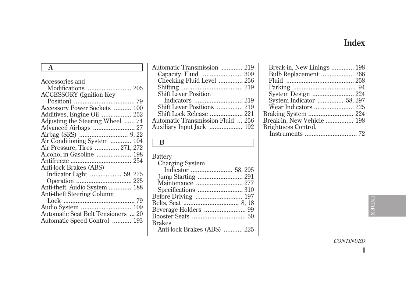 Index | HONDA 2010 Element User Manual | Page 333 / 346