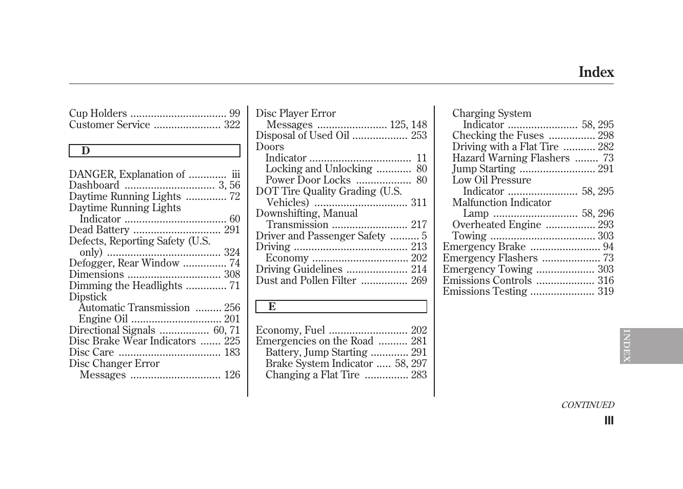 Index | HONDA 2010 Element User Manual | Page 335 / 346