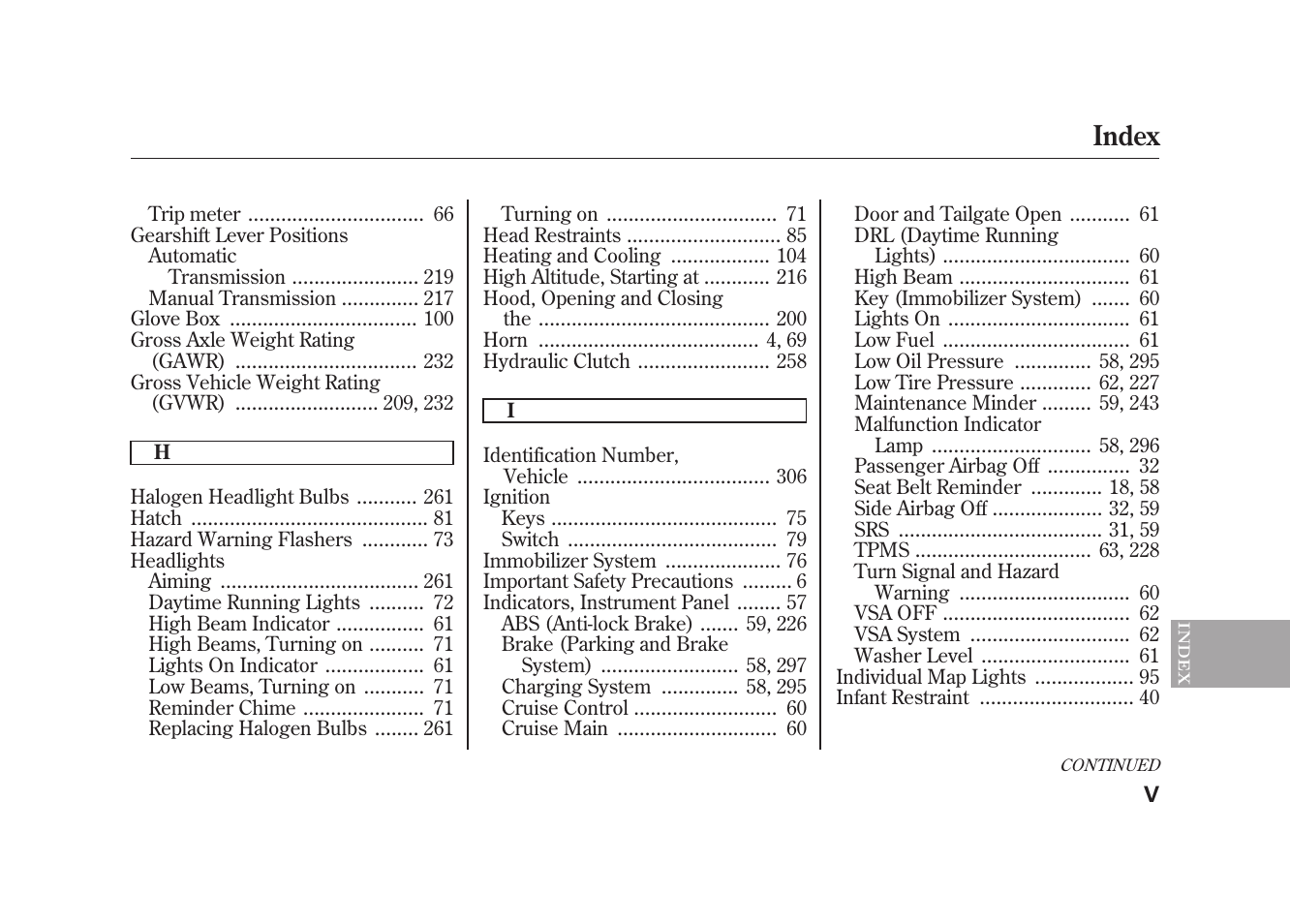 Index | HONDA 2010 Element User Manual | Page 337 / 346