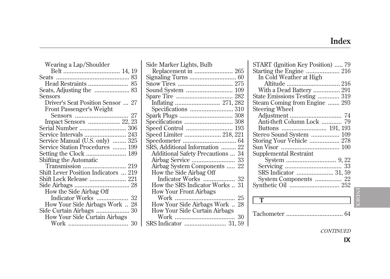 Index | HONDA 2010 Element User Manual | Page 341 / 346