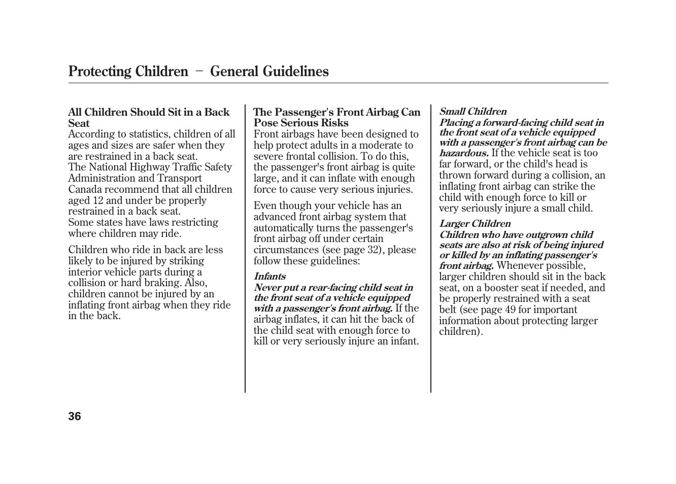 Protecting children － general guidelines | HONDA 2010 Element User Manual | Page 42 / 346