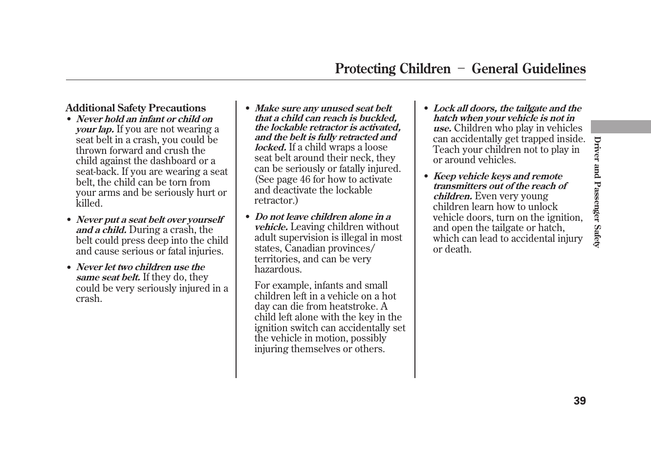 Protecting children － general guidelines | HONDA 2010 Element User Manual | Page 45 / 346