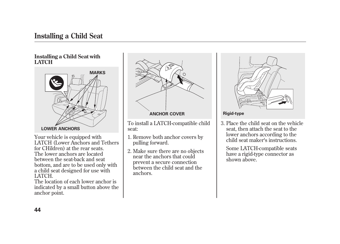 Installing a child seat | HONDA 2010 Element User Manual | Page 50 / 346