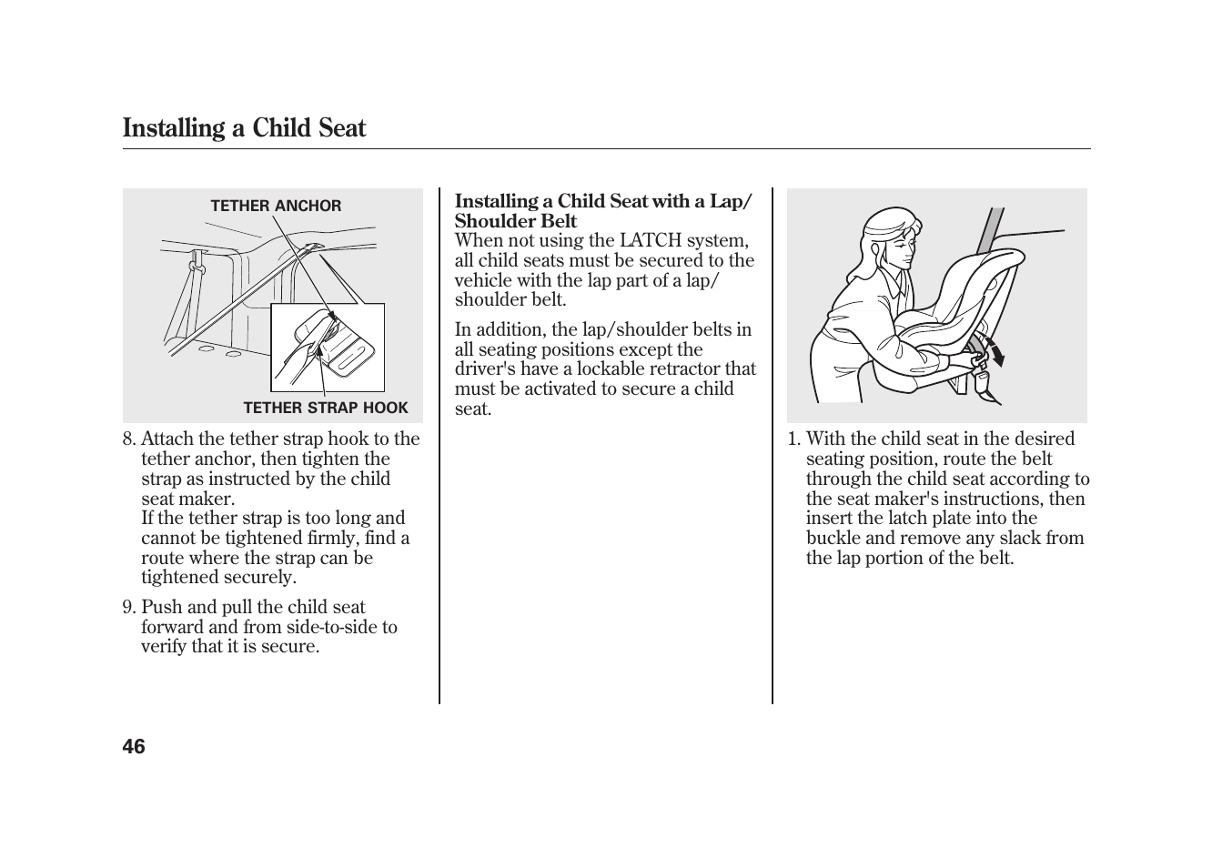 Installing a child seat | HONDA 2010 Element User Manual | Page 52 / 346