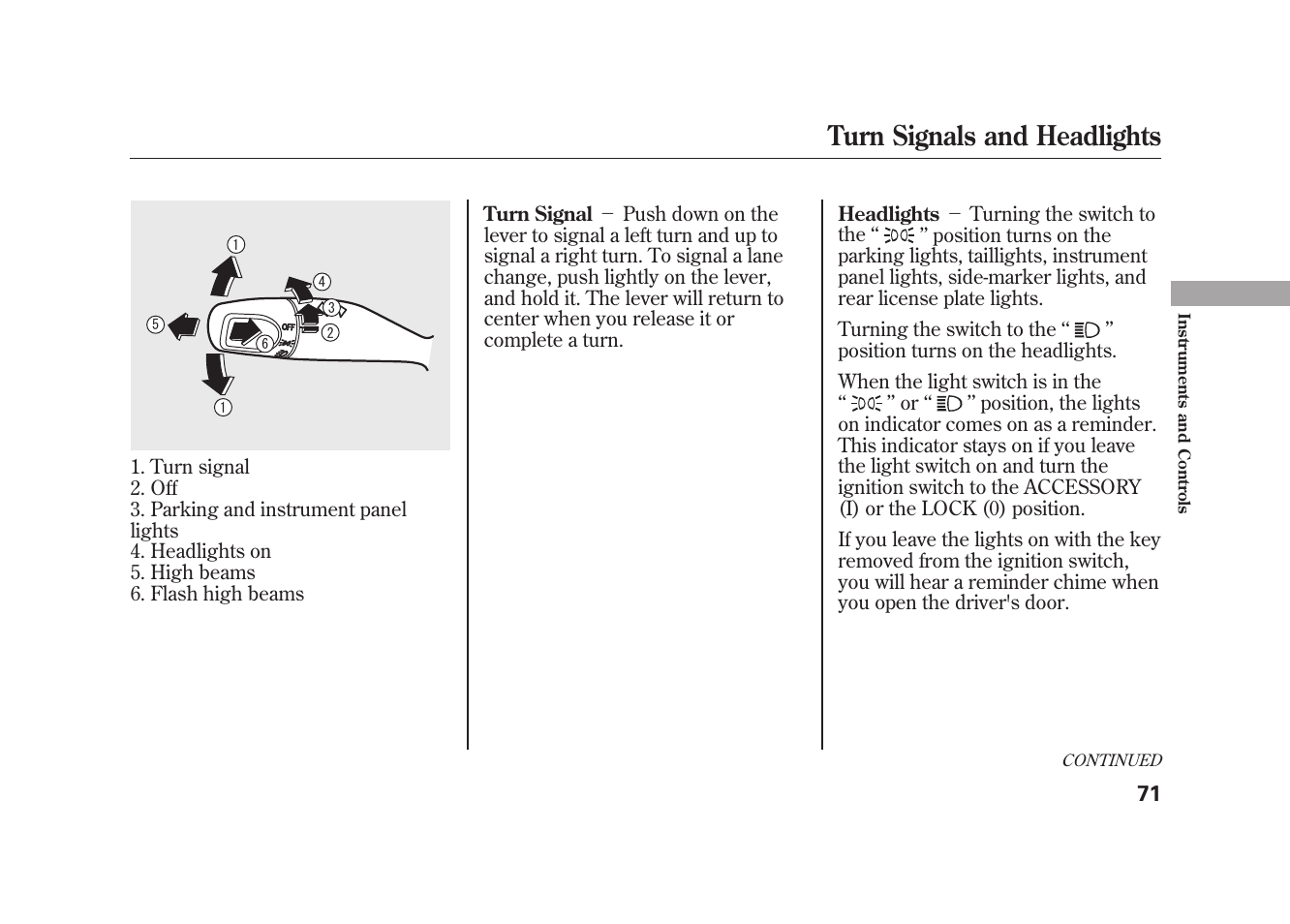 Turn signals and headlights | HONDA 2010 Element User Manual | Page 77 / 346