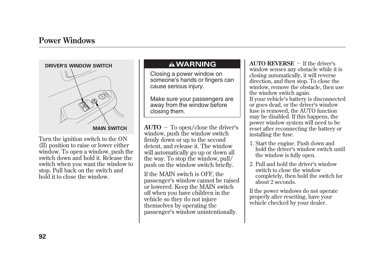 Power windows | HONDA 2010 Element User Manual | Page 98 / 346