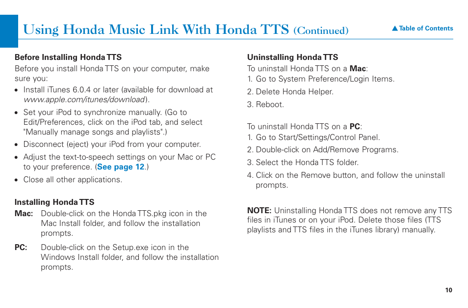 Using honda music link with honda tts | HONDA CR-V 2004 User Manual | Page 10 / 21